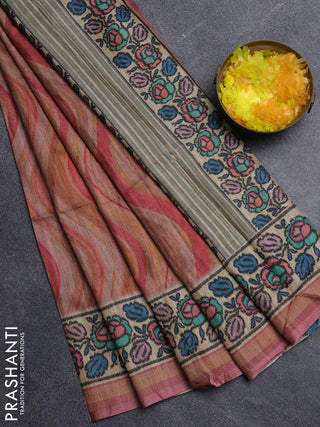 Art tussar saree peach pink and beige with plain body and patola printed border