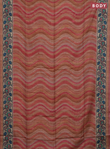 Art tussar saree peach pink and beige with plain body and patola printed border
