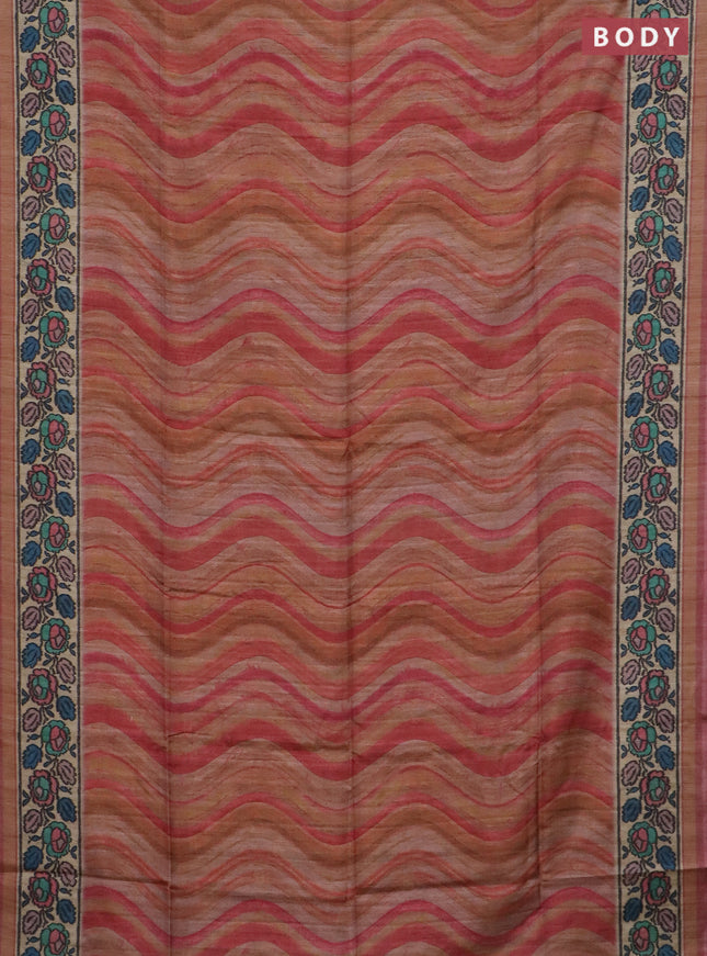 Art tussar saree peach pink and beige with plain body and patola printed border