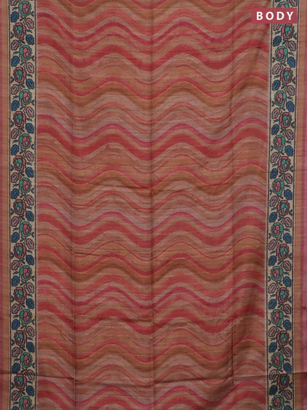 Art tussar saree peach pink and beige with plain body and patola printed border