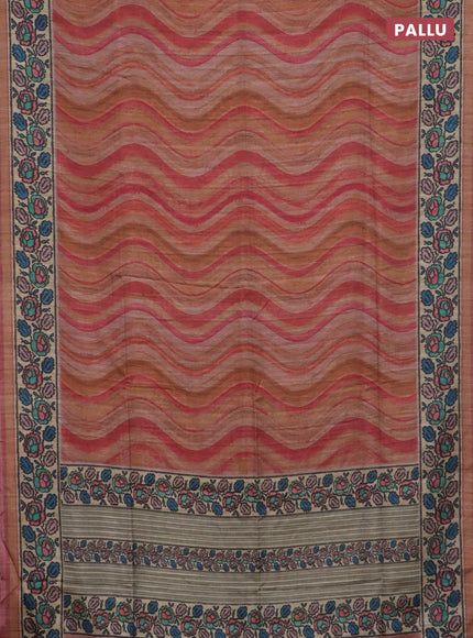 Art tussar saree peach pink and beige with plain body and patola printed border