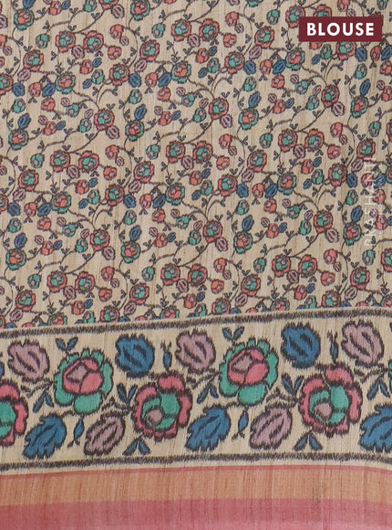 Art tussar saree peach pink and beige with plain body and patola printed border