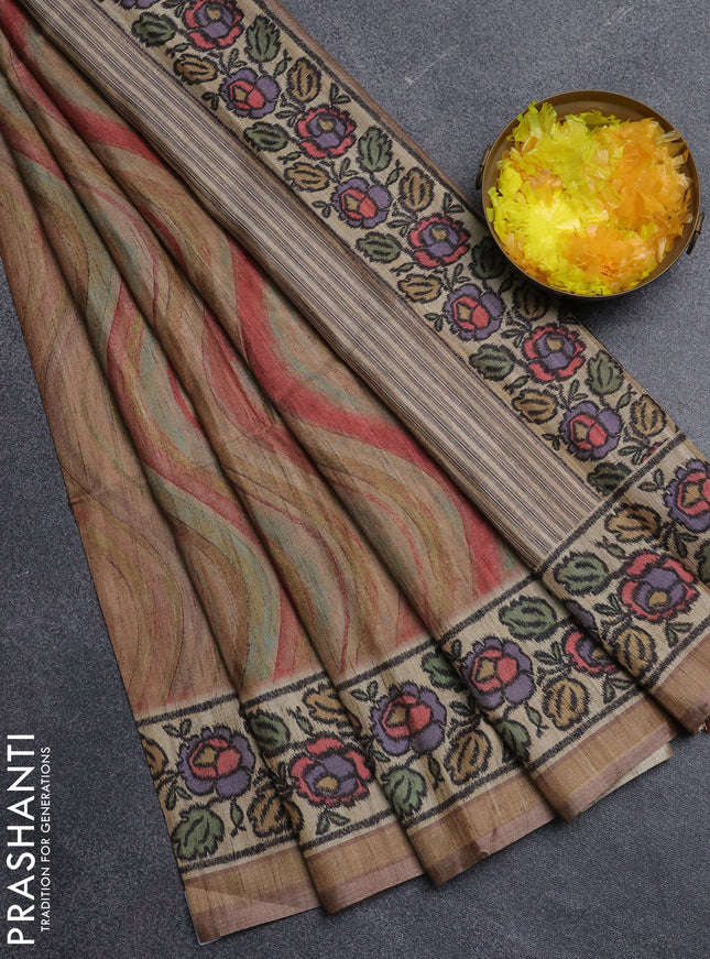 Art tussar saree pastel brown and beige with plain body and patola printed border