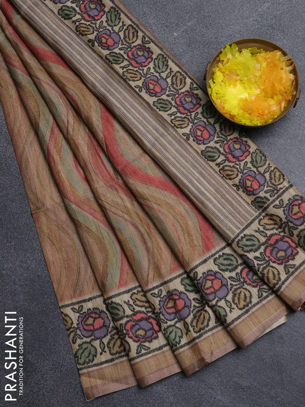 Art tussar saree pastel brown and beige with plain body and patola printed border