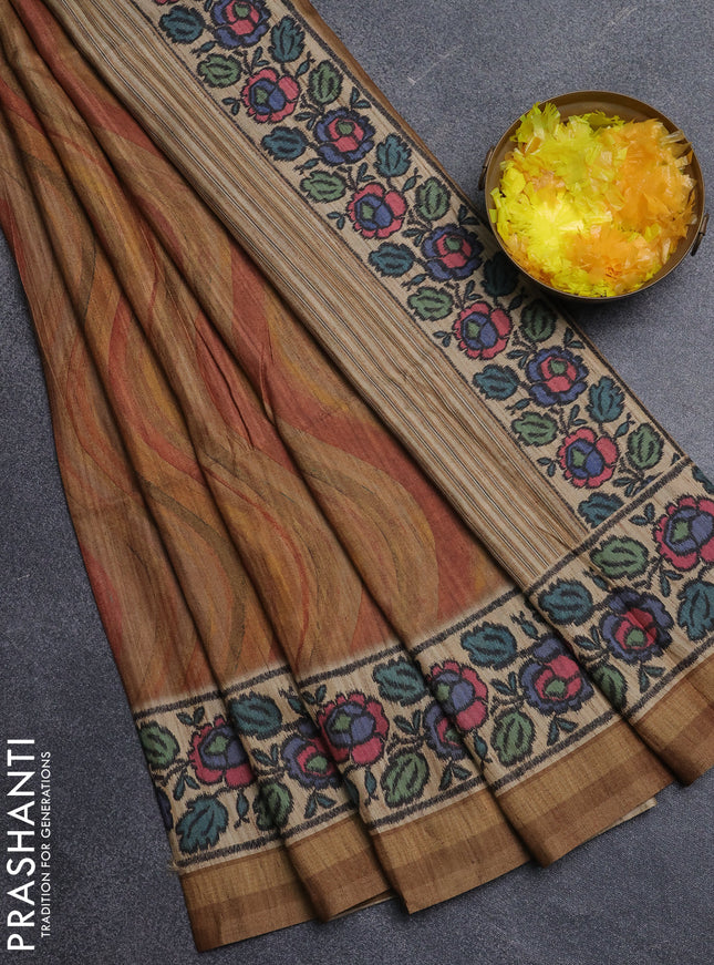 Art tussar saree dark sandal and beige with plain body and patola printed border