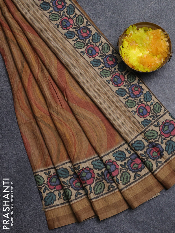 Art tussar saree dark sandal and beige with plain body and patola printed border