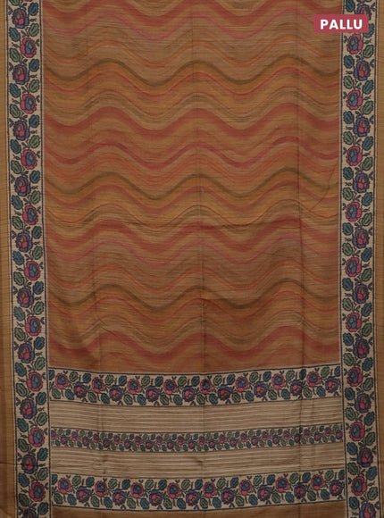 Art tussar saree dark sandal and beige with plain body and patola printed border