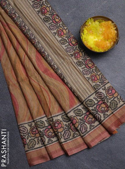 Art tussar saree dark mustard and beige with plain body and patola printed border