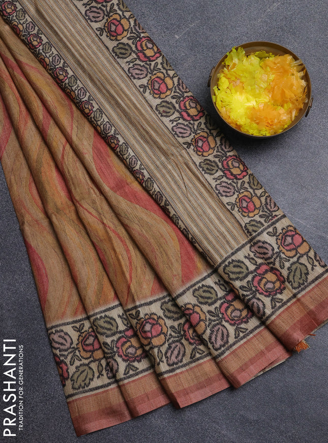 Art tussar saree dark mustard and beige with plain body and patola printed border