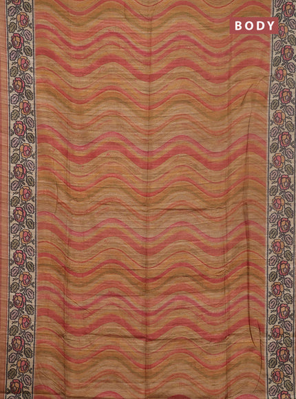 Art tussar saree dark mustard and beige with plain body and patola printed border