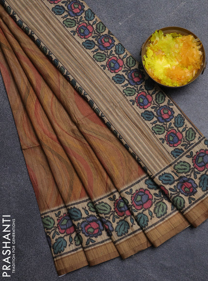 Art tussar saree mustard yellow and beige with plain body and patola printed border