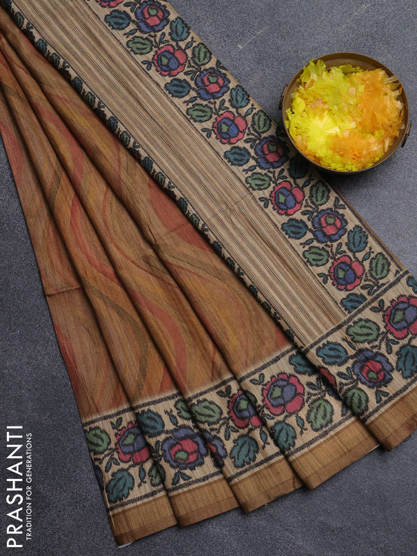 Art tussar saree mustard yellow and beige with plain body and patola printed border