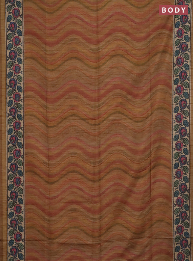 Art tussar saree mustard yellow and beige with plain body and patola printed border
