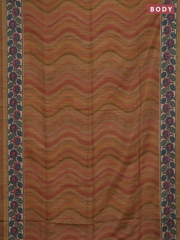 Art tussar saree mustard yellow and beige with plain body and patola printed border
