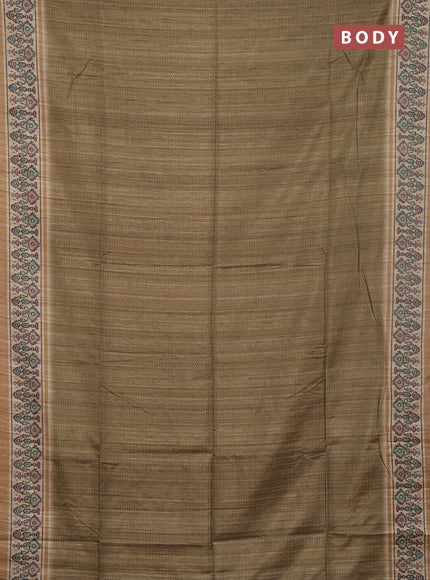 Art tussar saree mehendi green and beige with allover prints and patola printed border