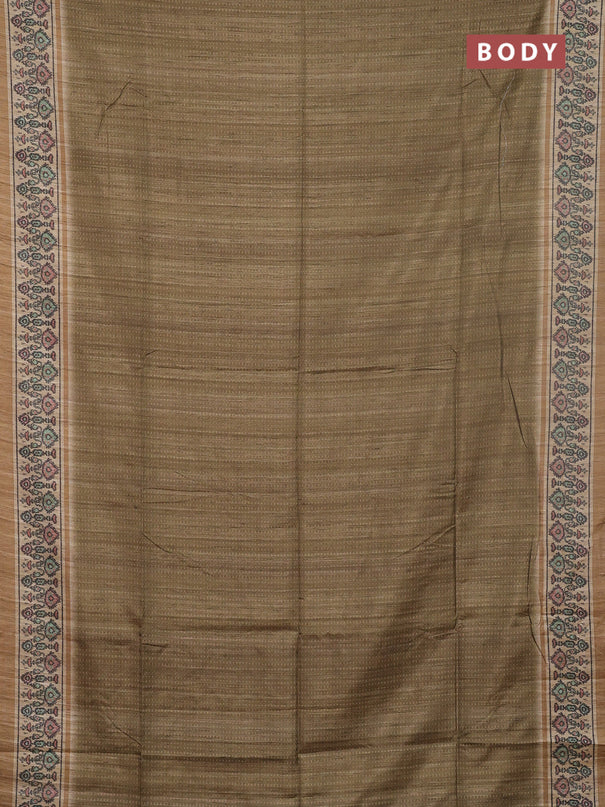 Art tussar saree mehendi green and beige with allover prints and patola printed border