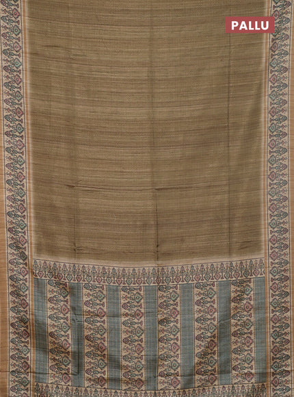 Art tussar saree mehendi green and beige with allover prints and patola printed border