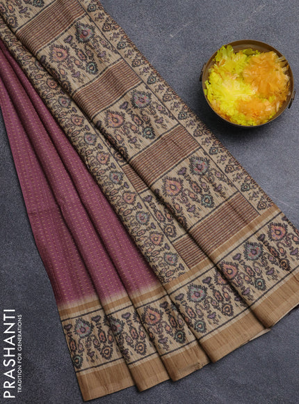 Art tussar saree wine shade and beige with allover prints and patola printed border