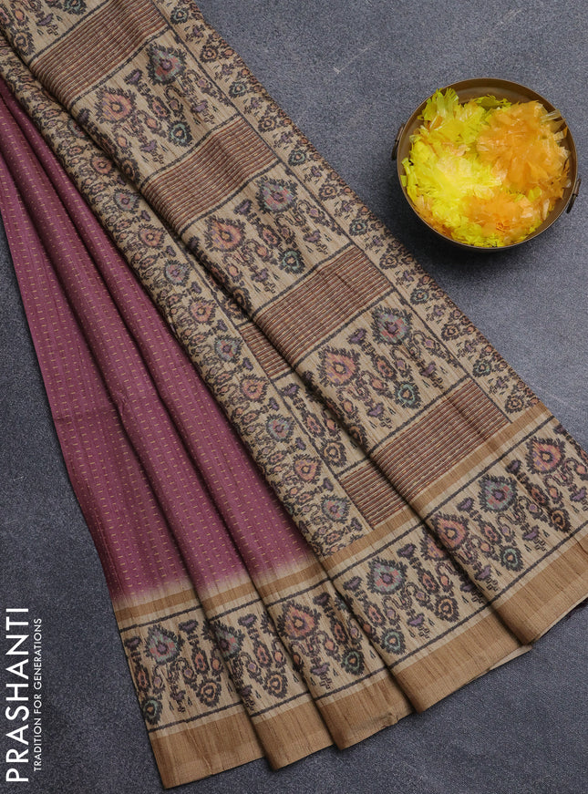 Art tussar saree wine shade and beige with allover prints and patola printed border