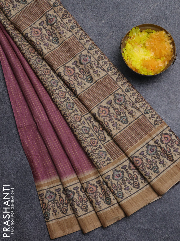 Art tussar saree wine shade and beige with allover prints and patola printed border