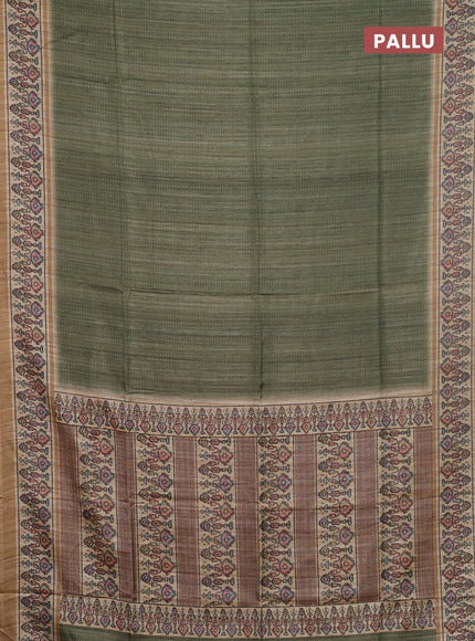 Art tussar saree green and beige with allover prints and patola printed border