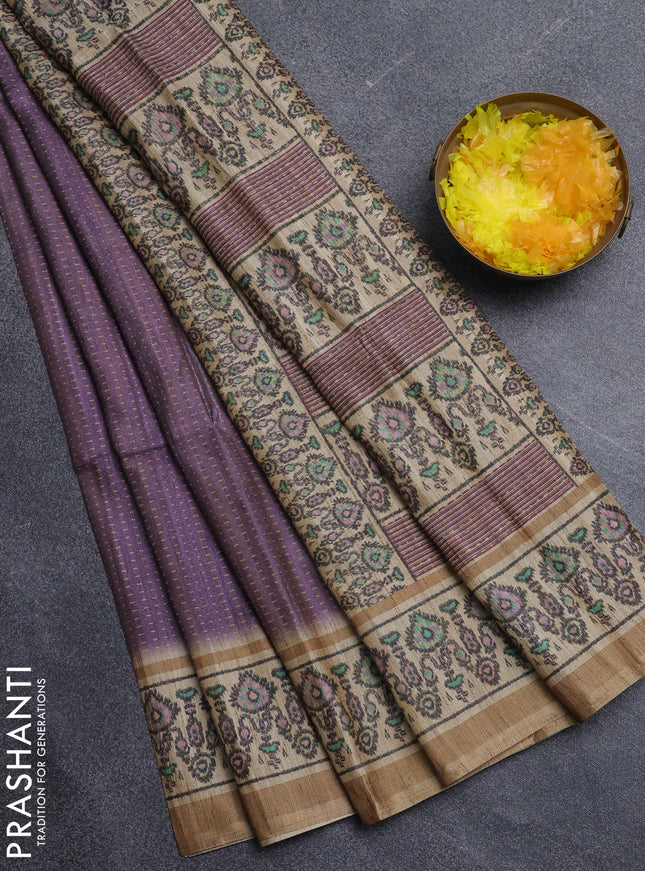 Art tussar saree purple and beige with allover prints and patola printed border