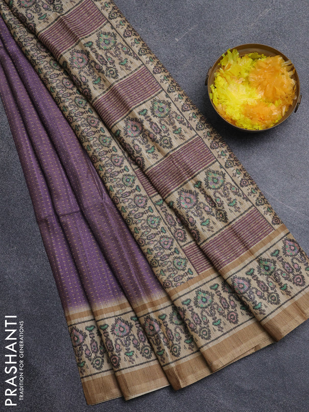 Art tussar saree purple and beige with allover prints and patola printed border