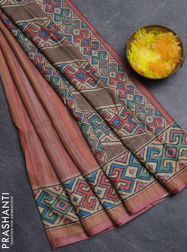 Art tussar saree multi colour and beige with plain body and patola printed border