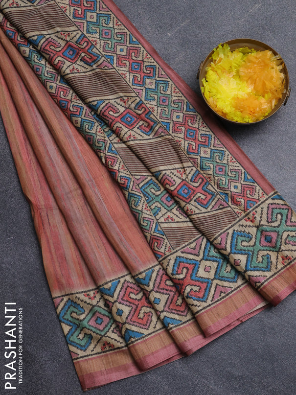 Art tussar saree multi colour and beige with plain body and patola printed border