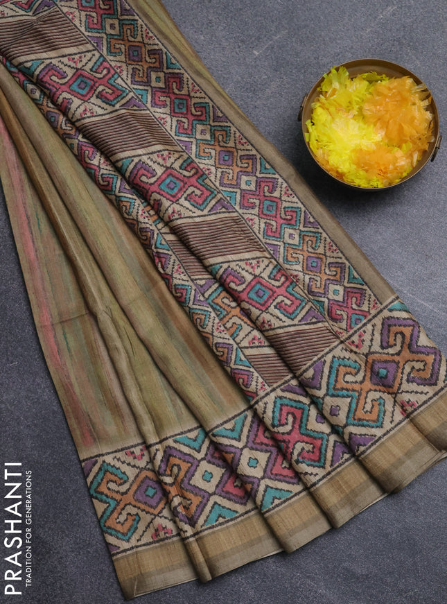Art tussar saree multi colour and beige with plain body and patola printed border