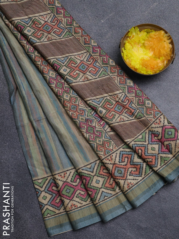 Art tussar saree multi colour and beige with plain body and patola printed border