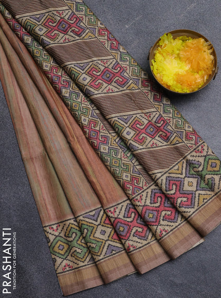 Art tussar saree multi colour and beige with plain body and patola printed border