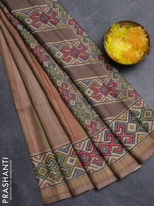 Art tussar saree multi colour and beige with plain body and patola printed border