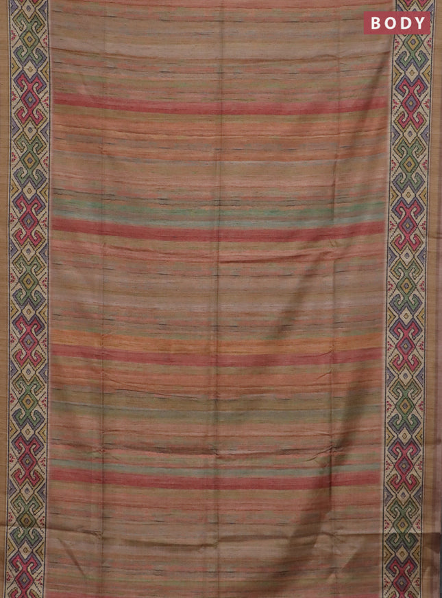 Art tussar saree multi colour and beige with plain body and patola printed border