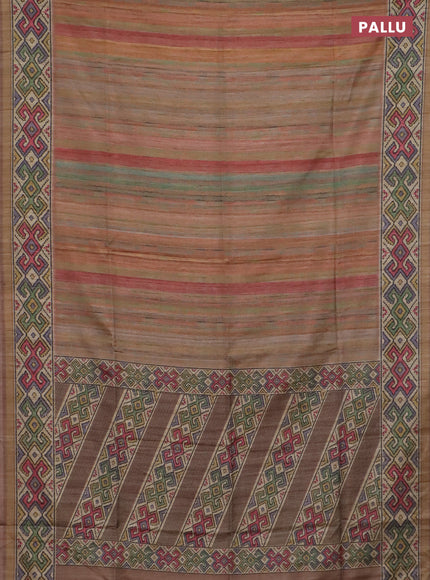 Art tussar saree multi colour and beige with plain body and patola printed border
