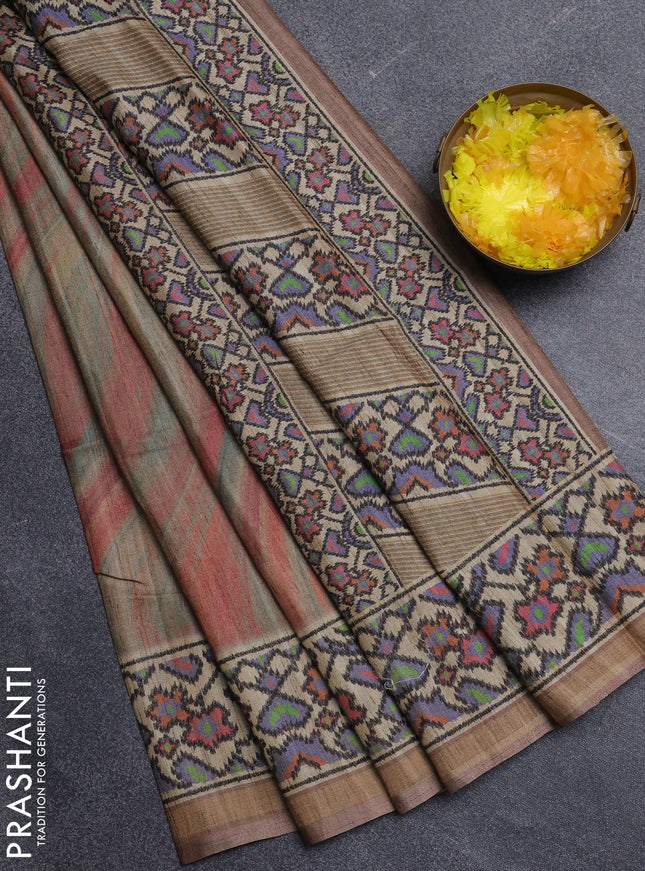 Art tussar saree sandal and beige with plain body and patola printed border