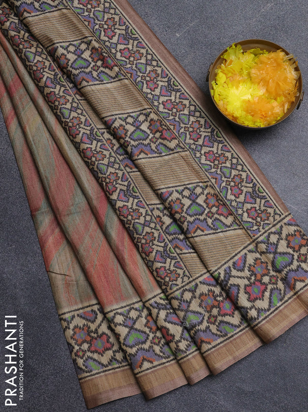 Art tussar saree sandal and beige with plain body and patola printed border