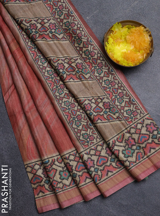 Art tussar saree peach pink and beige with plain body and patola printed border