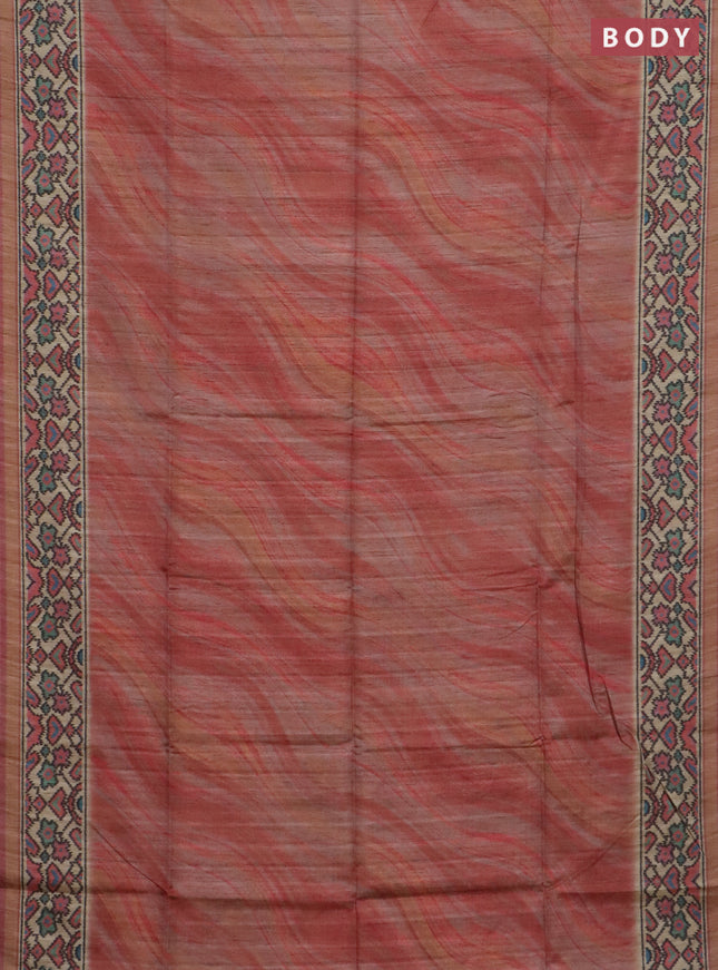 Art tussar saree peach pink and beige with plain body and patola printed border