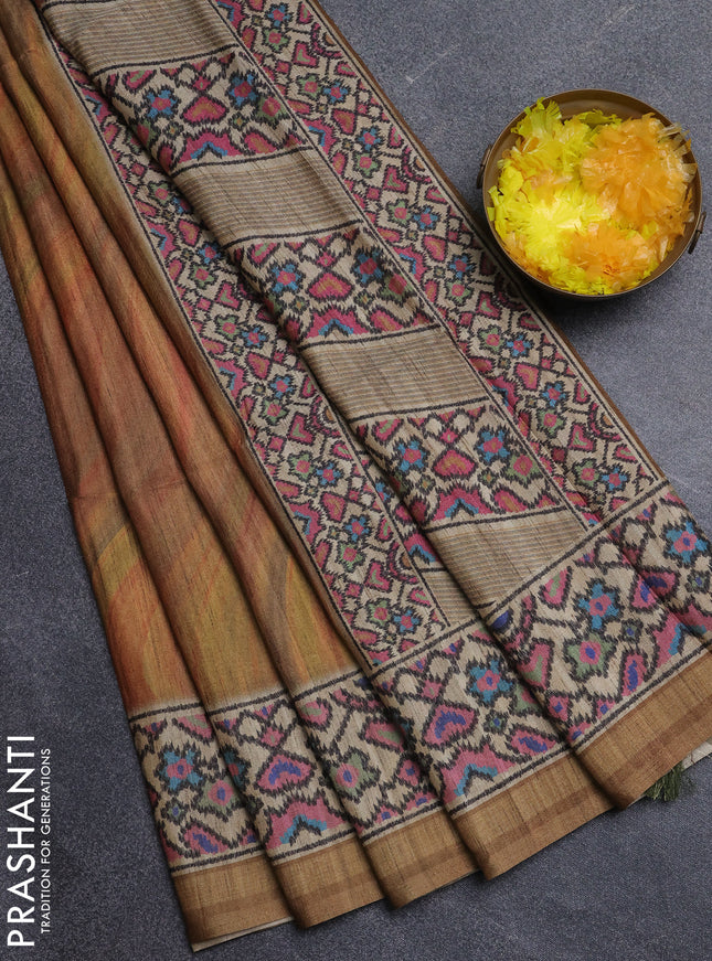 Art tussar saree sandal and beige with plain body and patola printed border
