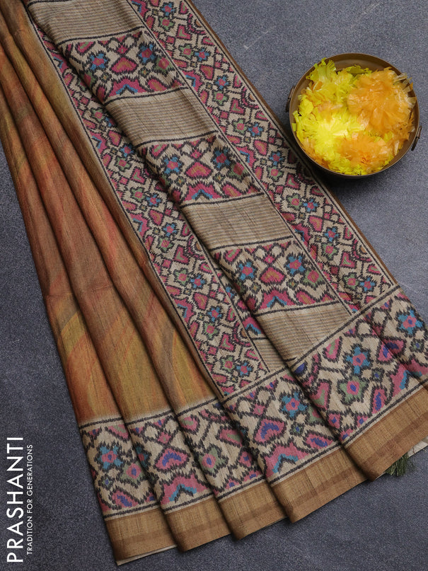 Art tussar saree sandal and beige with plain body and patola printed border