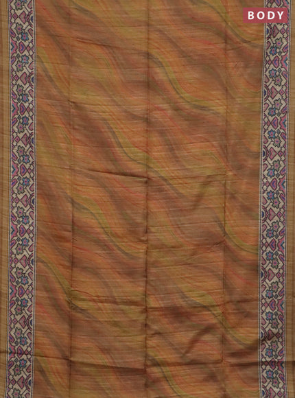 Art tussar saree sandal and beige with plain body and patola printed border