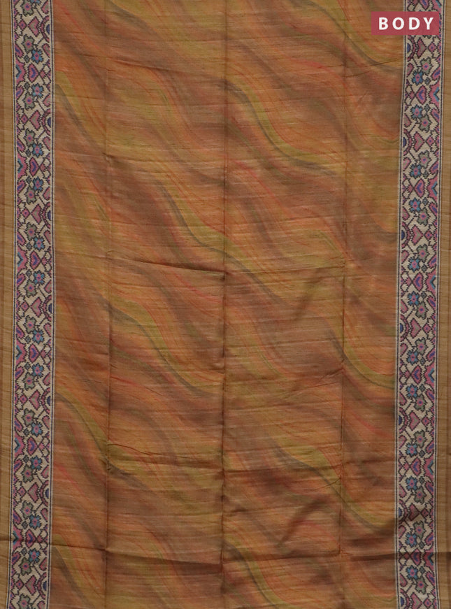 Art tussar saree sandal and beige with plain body and patola printed border