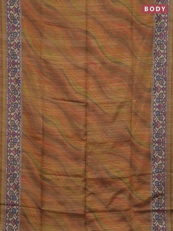 Art tussar saree sandal and beige with plain body and patola printed border