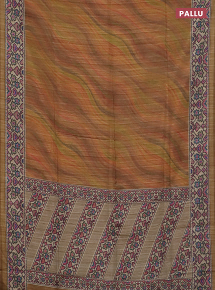 Art tussar saree sandal and beige with plain body and patola printed border