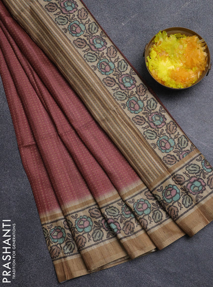 Art tussar saree maroon and sandal with allover prints and patola printed border