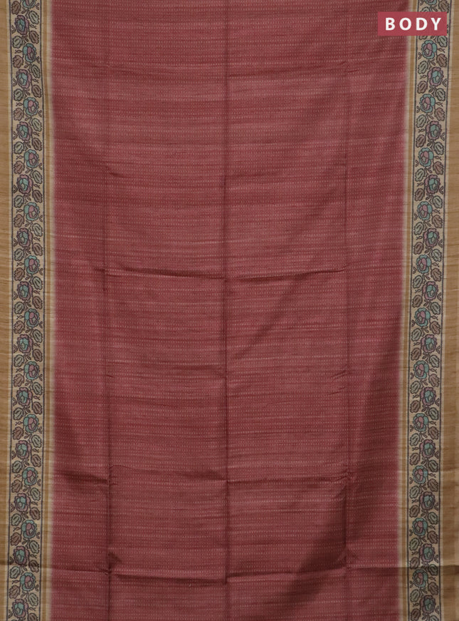 Art tussar saree maroon and sandal with allover prints and patola printed border