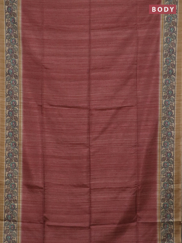 Art tussar saree maroon and sandal with allover prints and patola printed border