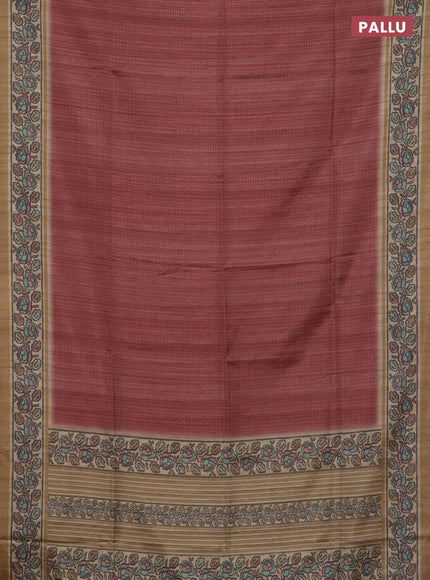 Art tussar saree maroon and sandal with allover prints and patola printed border