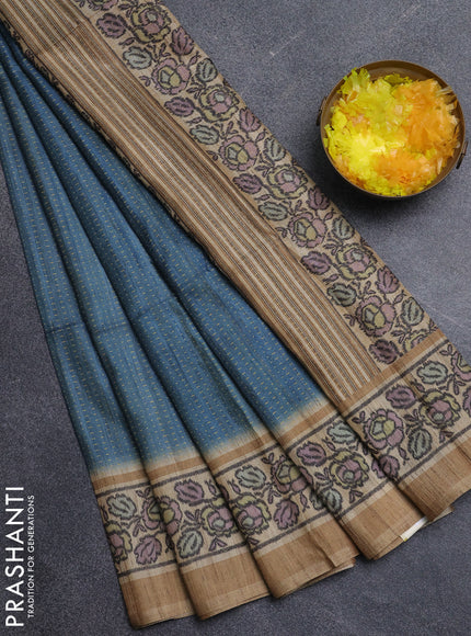 Art tussar saree teal blue and sandal with allover prints and patola printed border